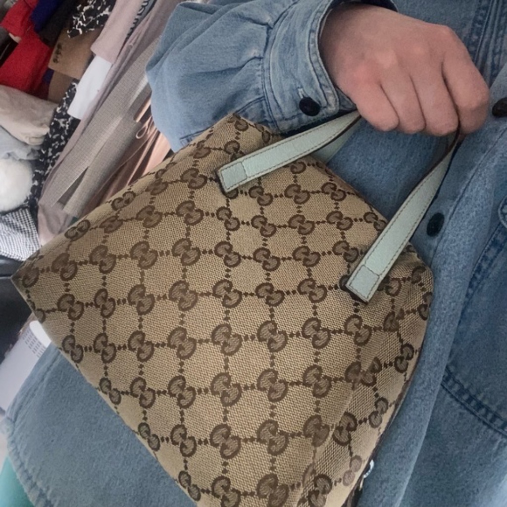 Authentic Vintage Gucci Gg Canvas Baby Blue Leather Mini Bag